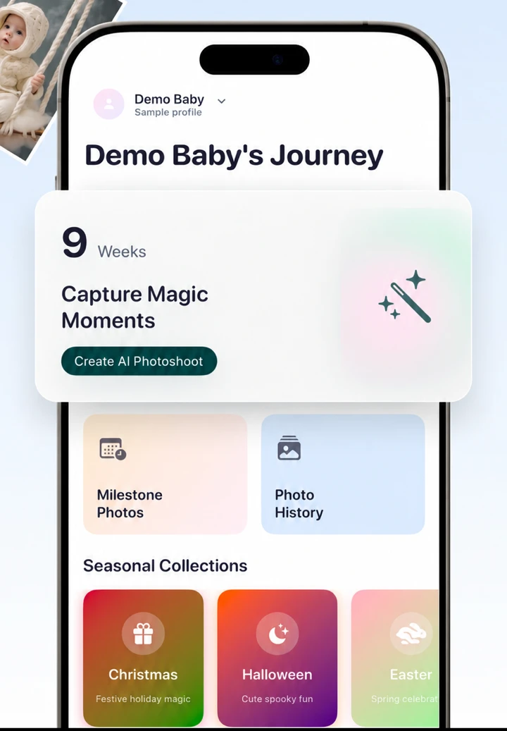 Totti home screen showing a baby's photo journey with weekly milestone cards and seasonal Christmas, Halloween and Easter collections