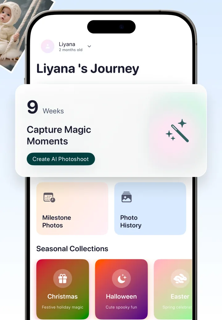 Totti home screen showing a baby journey tracker with a weekly milestone card, Milestone Photos and Photo History tiles, and seasonal collections