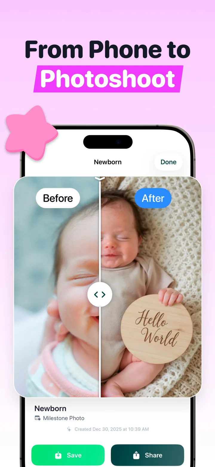 Before and after of an AI newborn photoshoot: a blurry phone snapshot transformed into a styled Hello World milestone portrait in the Totti app