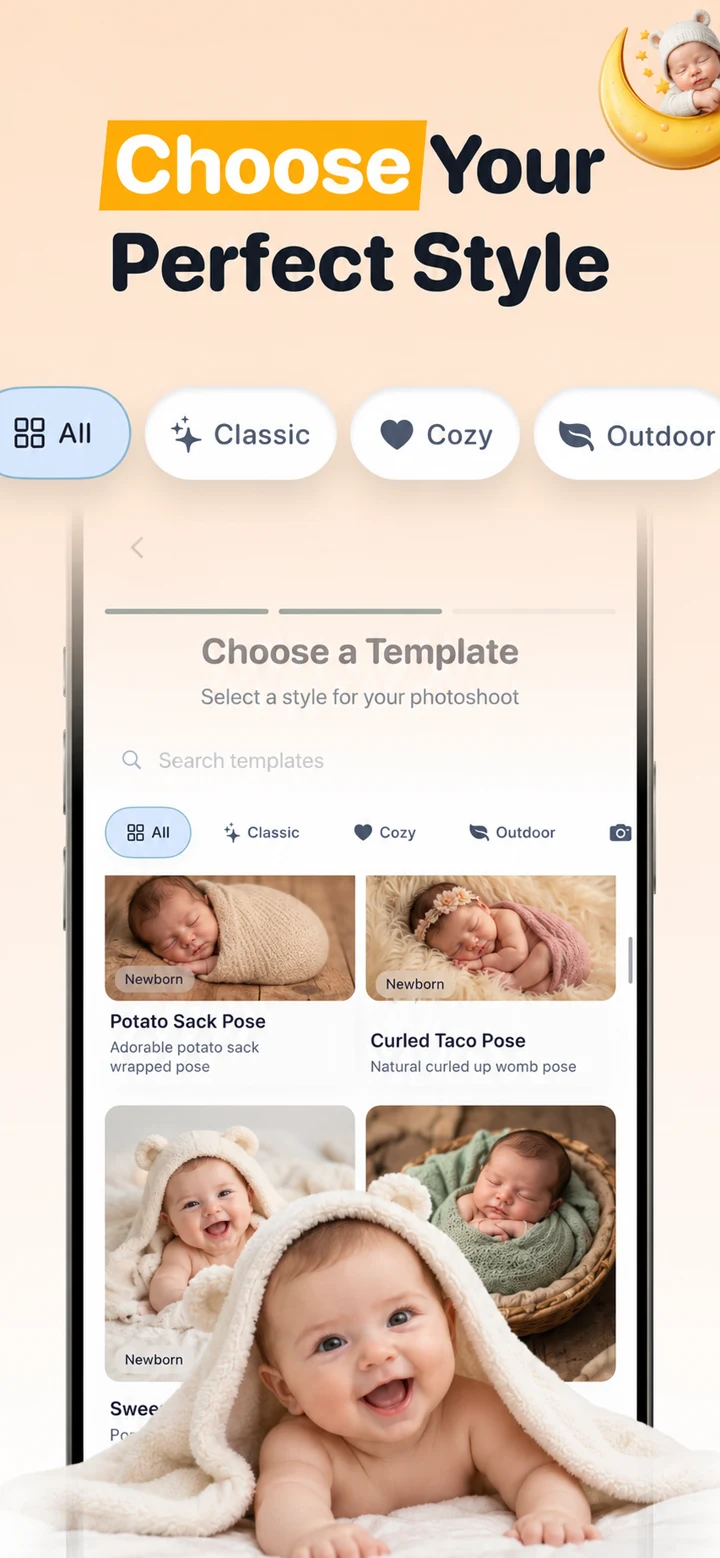 Template picker with Classic, Cozy and Outdoor newborn photoshoot styles including Potato Sack Pose and Curled Taco Pose