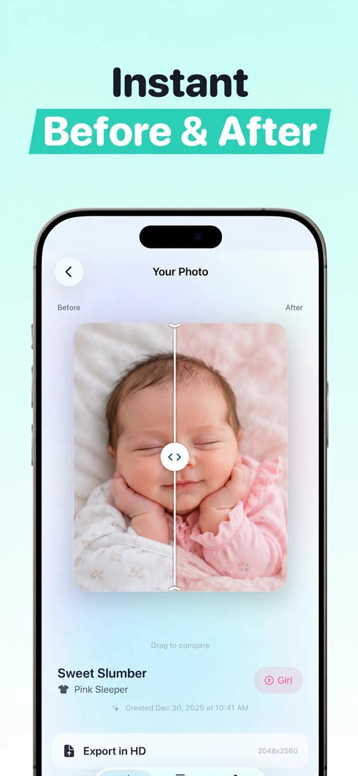 Totti iPhone result screen showing one portrait with a draggable Before and After slider and Export in HD control