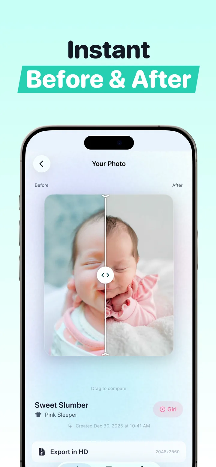Totti before-and-after slider showing a Sweet Slumber newborn portrait with Pink Sleeper outfit and Export in HD 2048 by 2560 option