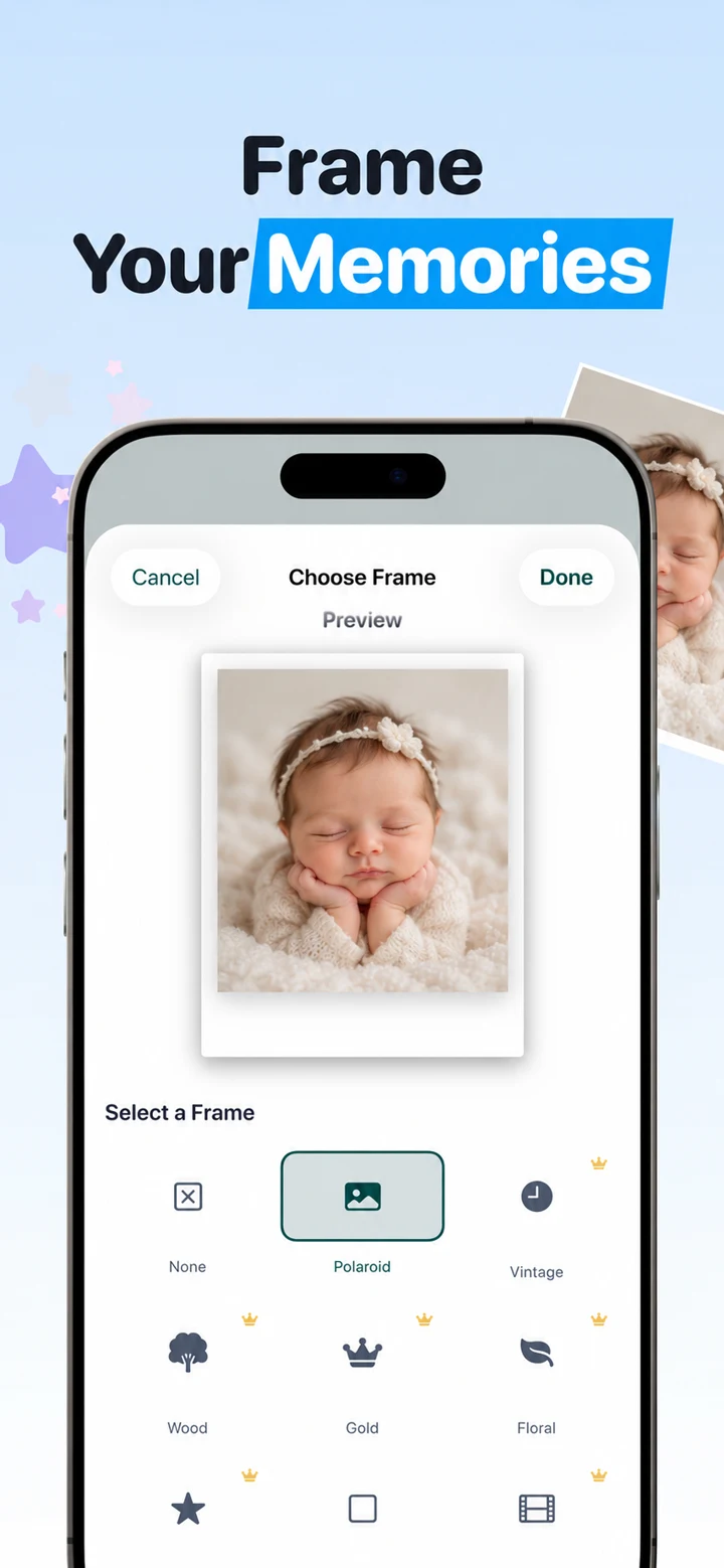 Frame chooser with Polaroid, Vintage, Wood, Gold and Floral frame options for baby portraits