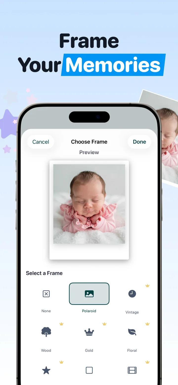 Totti baby photo editor frame chooser showing Polaroid, Vintage, Wood, Gold and Floral frame options around a baby portrait