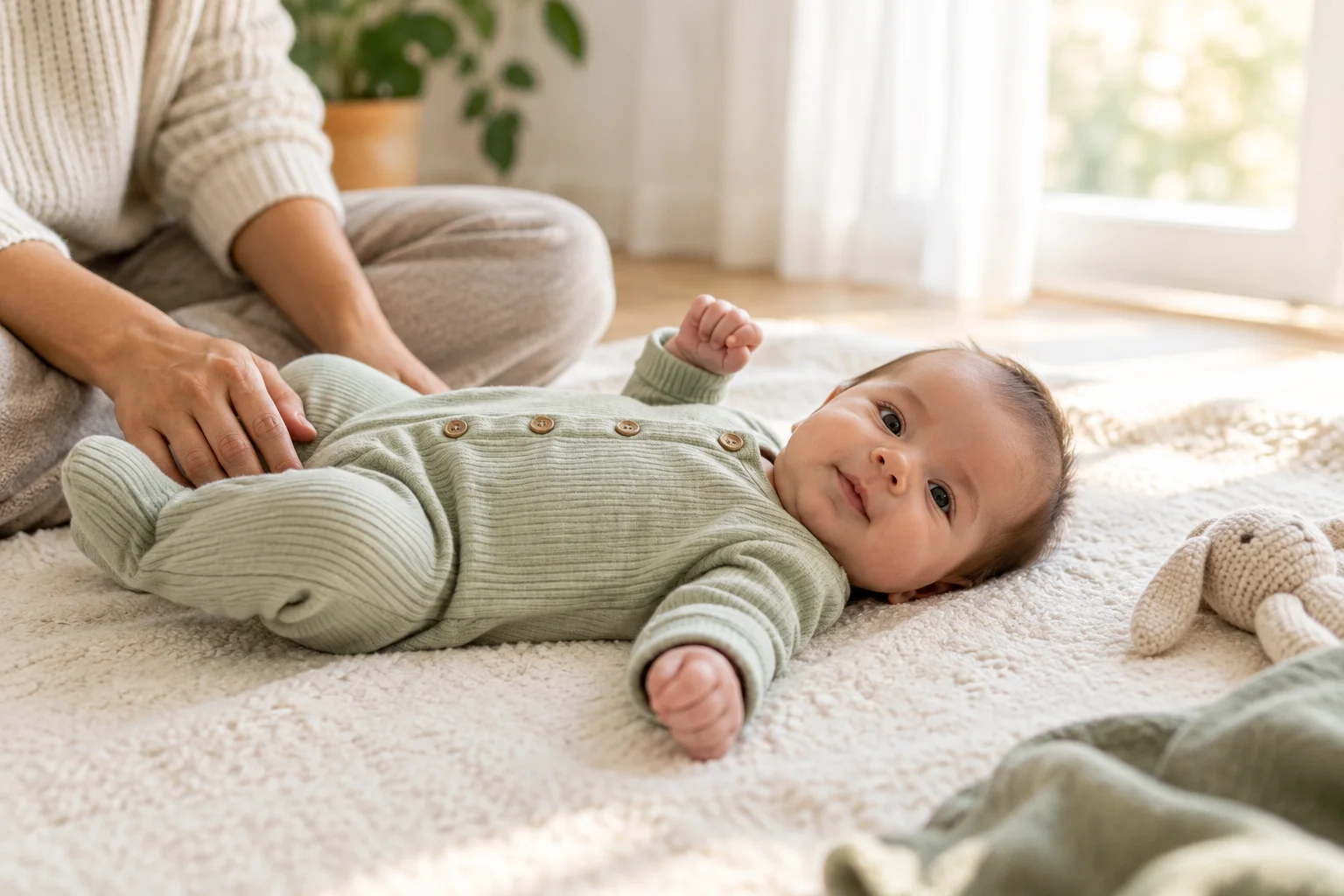 One-month-old baby lying awake on a cream floor blanket while a parent stays within reach
