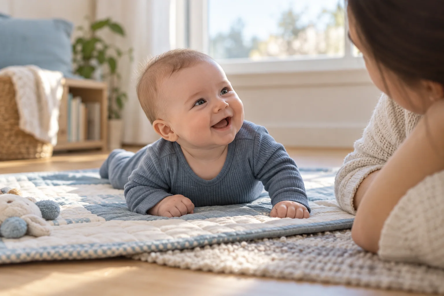 Three-month-old baby smiling during supervised tummy time beside a parent