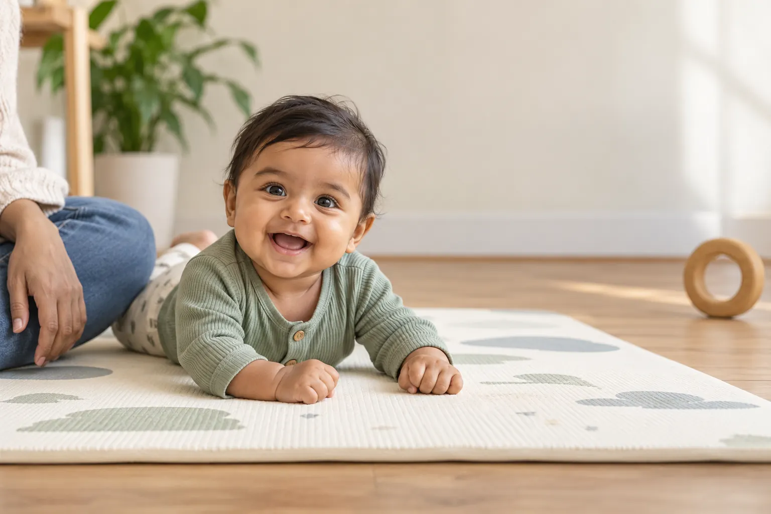 Smiling six-month-old baby doing supervised tummy time on a floor-level play mat beside a caregiver