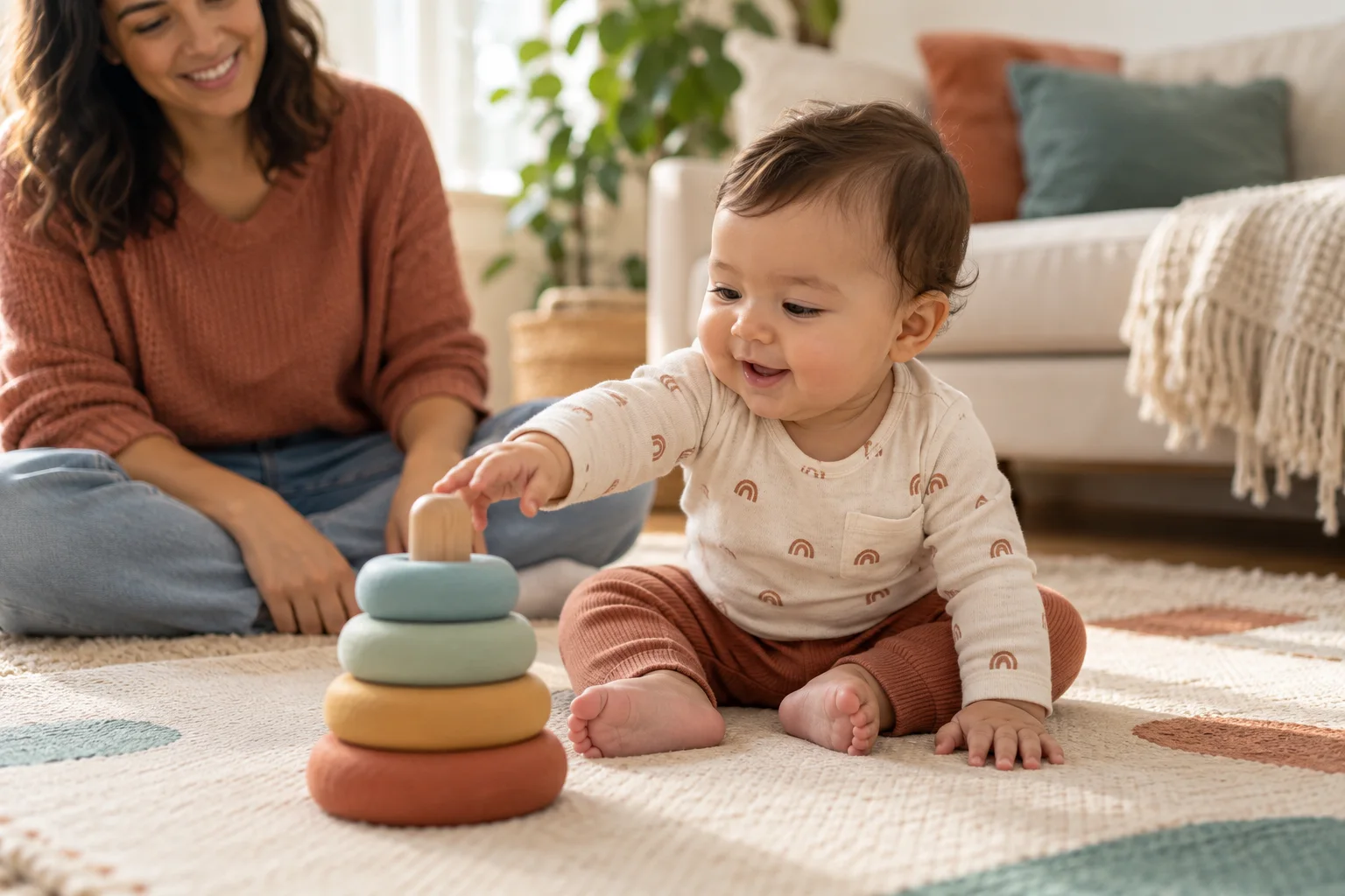 Nine-month-old baby sitting on a floor mat and reaching for a large stacking toy while a caregiver stays close