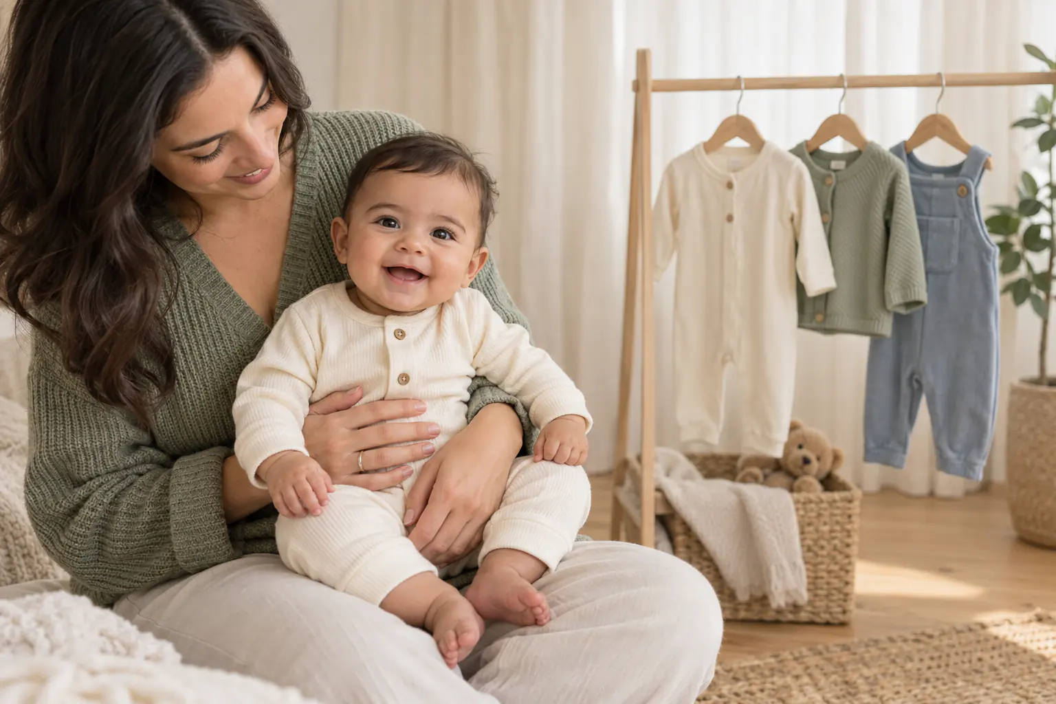 Parent securely holding a smiling baby beside a rail of simple baby outfits