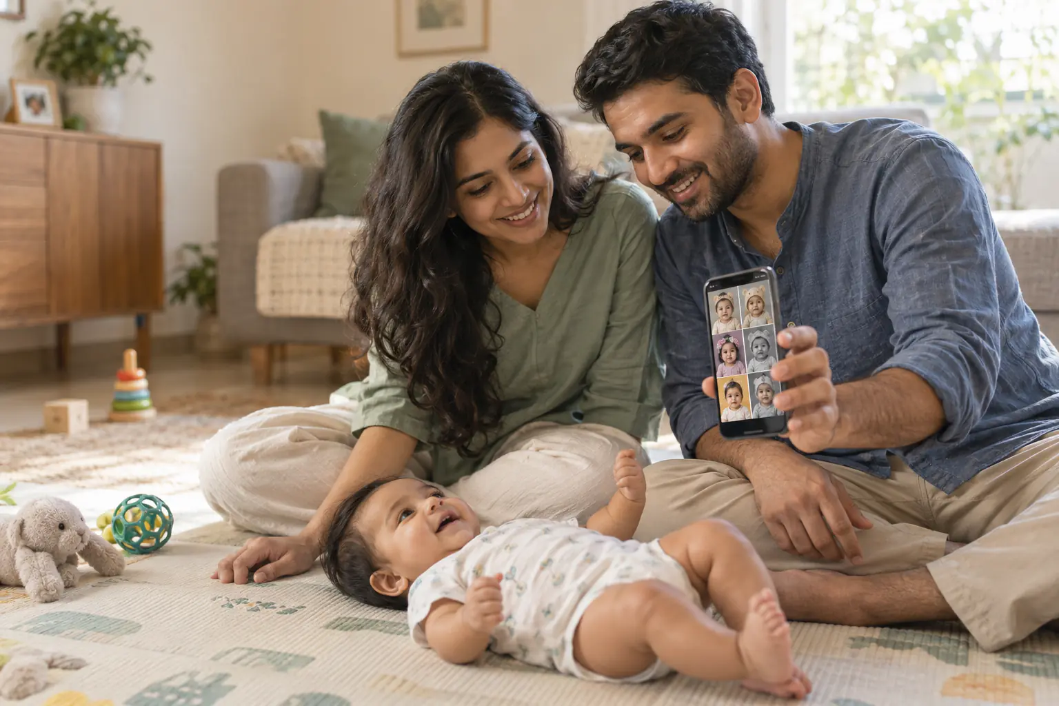 South Asian parents comparing styled baby portraits on a phone while their baby plays safely on a floor mat