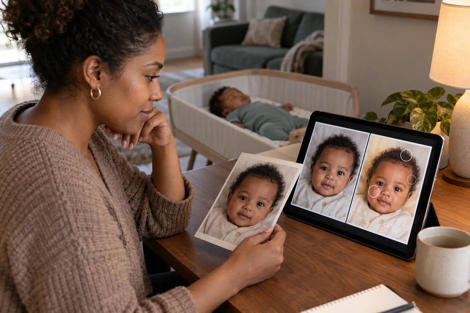 Mother comparing a printed baby portrait with two versions on a tablet while her baby sleeps safely nearby