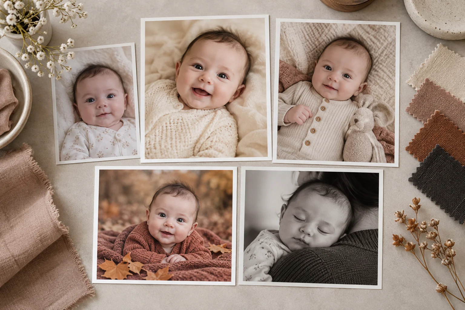 A tabletop mood board of fictional baby portrait concepts in safe ordinary poses