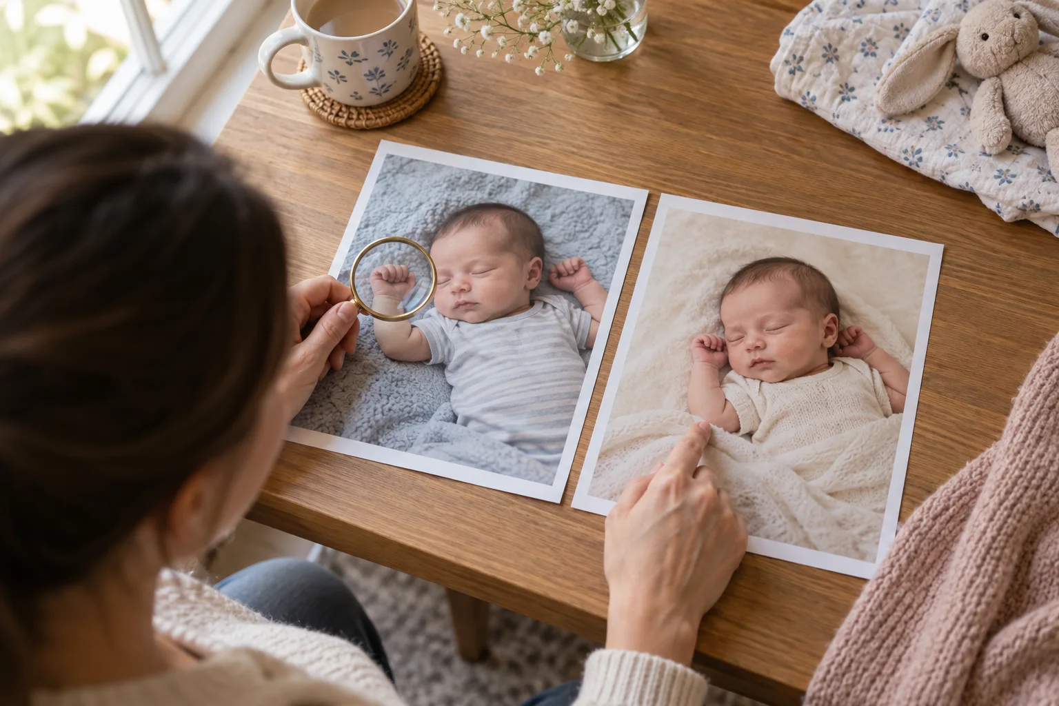 Parent inspecting two fictional newborn portrait prints side by side