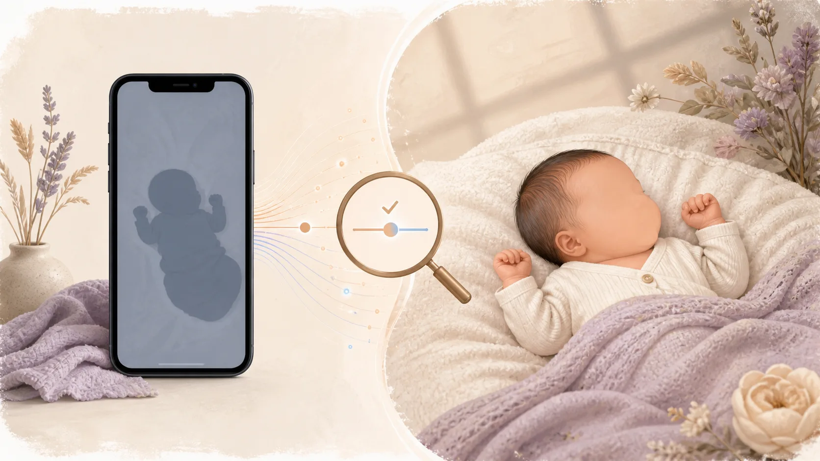 Illustration of a phone snapshot becoming a styled newborn portrait with a visible comparison step