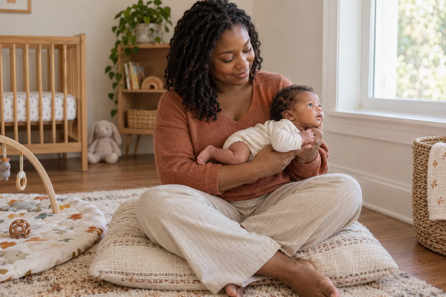 Mother seated at floor level securely supporting her awake newborn near a bright window