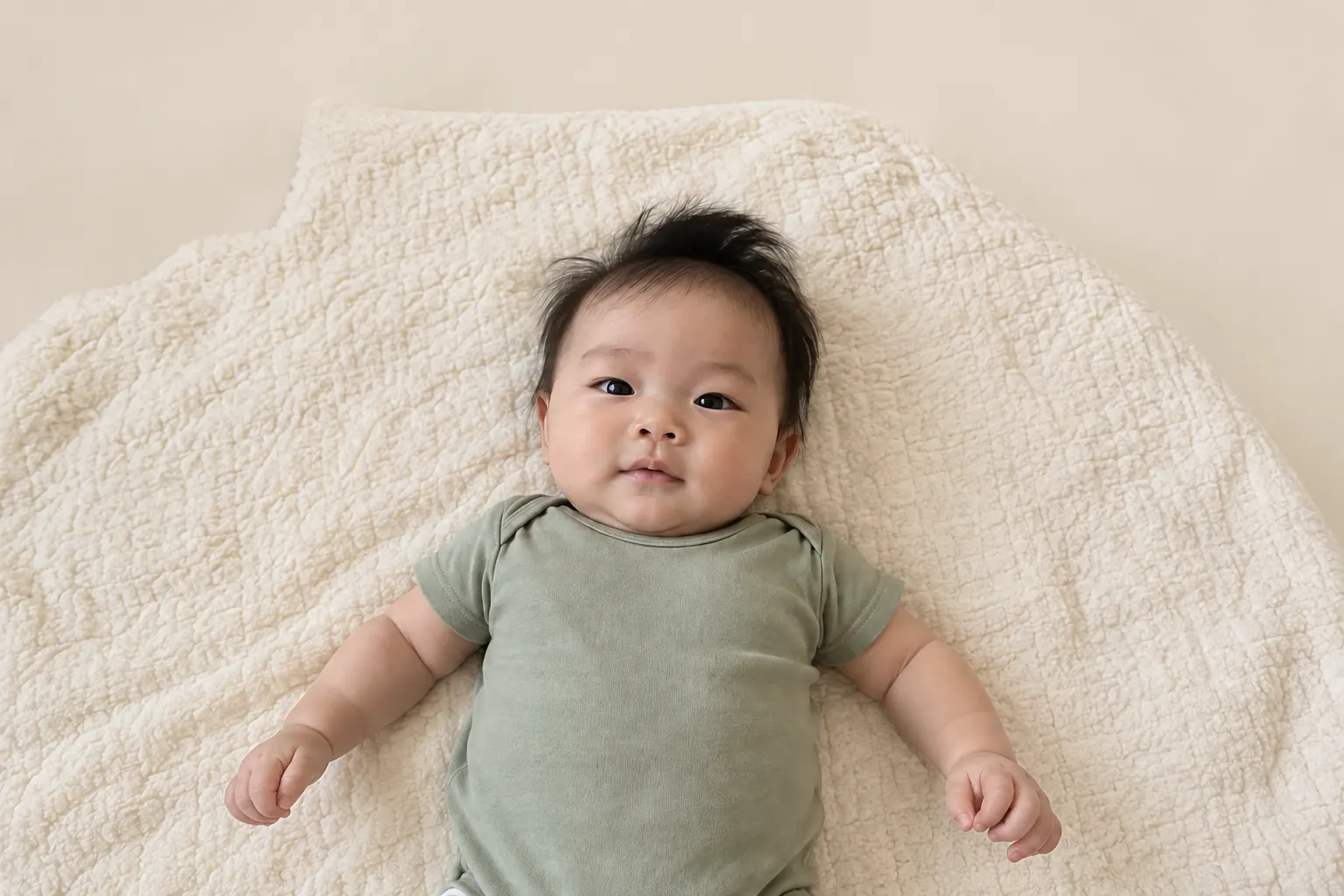 Edited synthetic baby photo with the bedroom clutter replaced by a plain warm cream background
