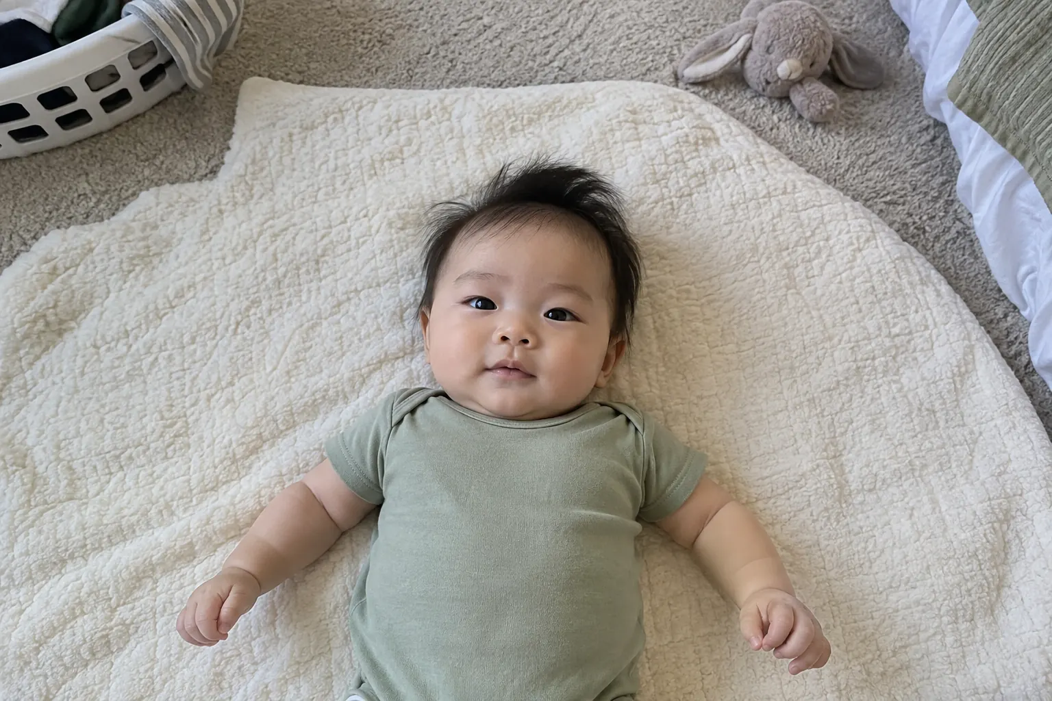 Synthetic source baby photo on a cream blanket with a laundry basket and toy visible in the background