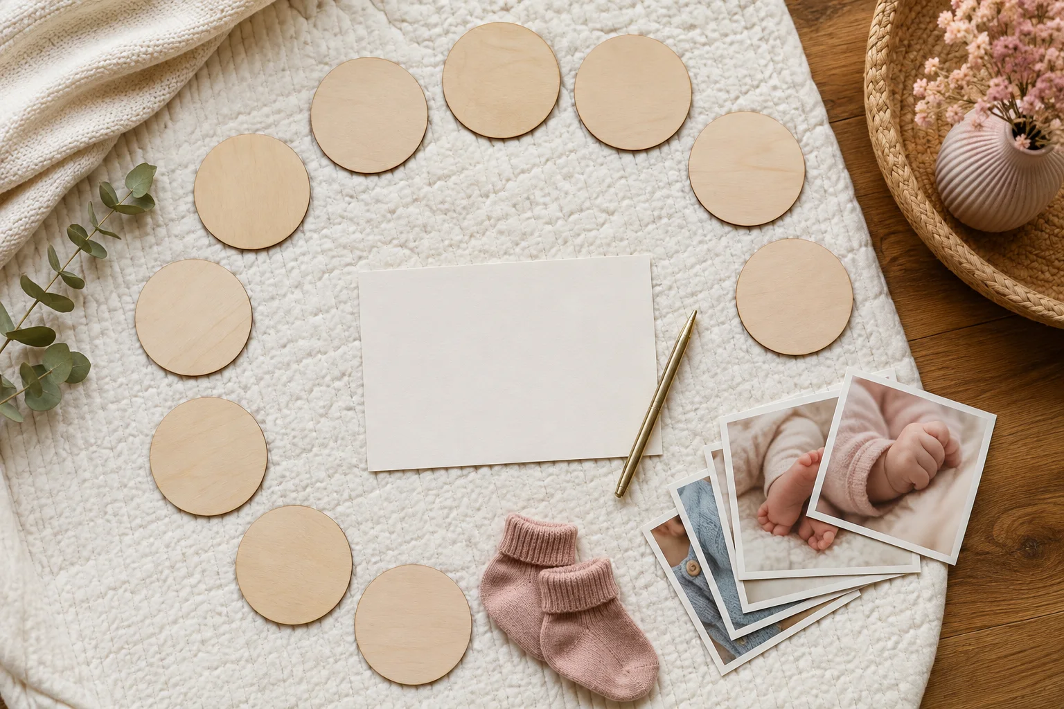Blank wooden milestone discs, baby detail photos and a caption card arranged on a cream quilt