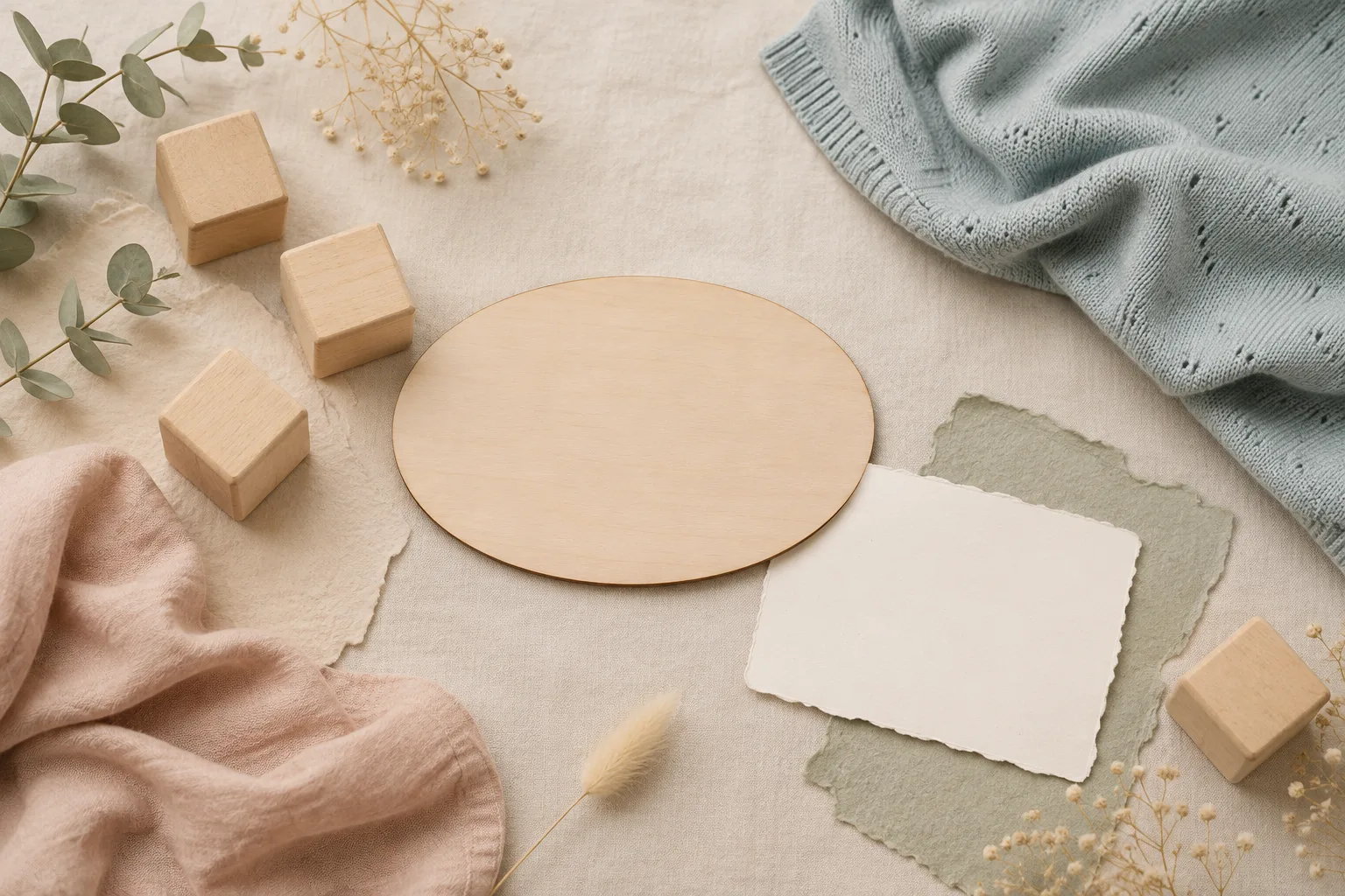 Blank wooden blocks and name reveal card on a soft neutral baby blanket