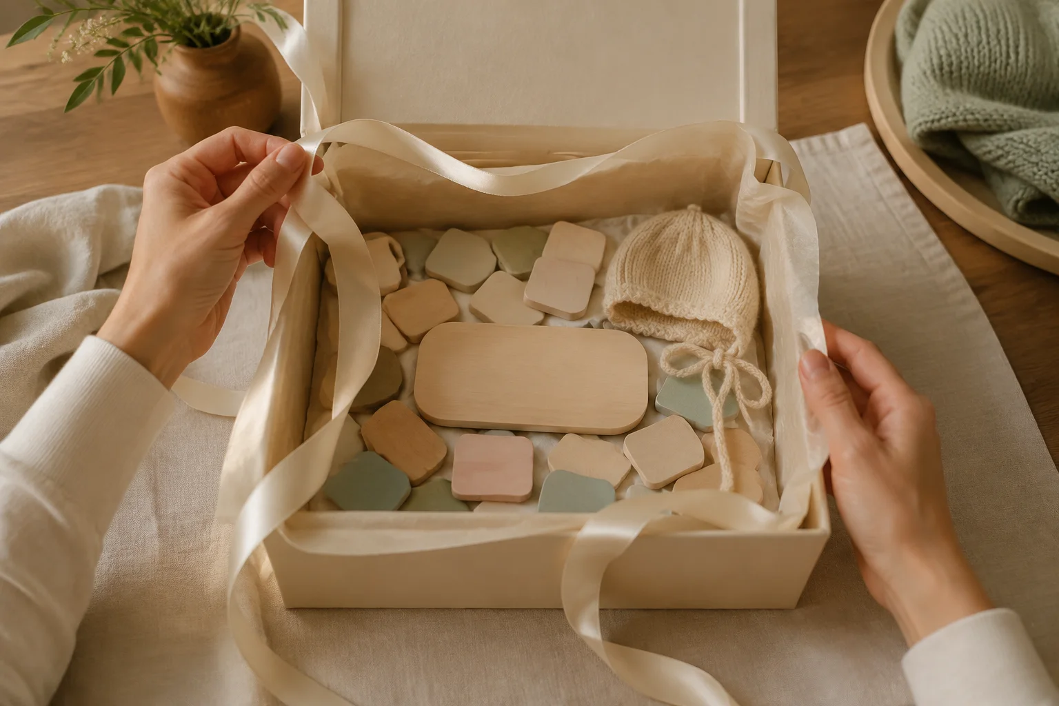 Adult hands opening a keepsake box with blank wooden tiles, a name plaque and a knit baby bonnet