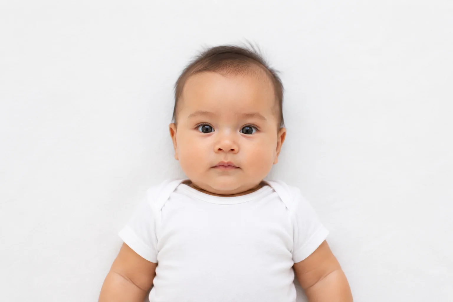 Baby lying face-up on a plain white sheet for a home passport photograph