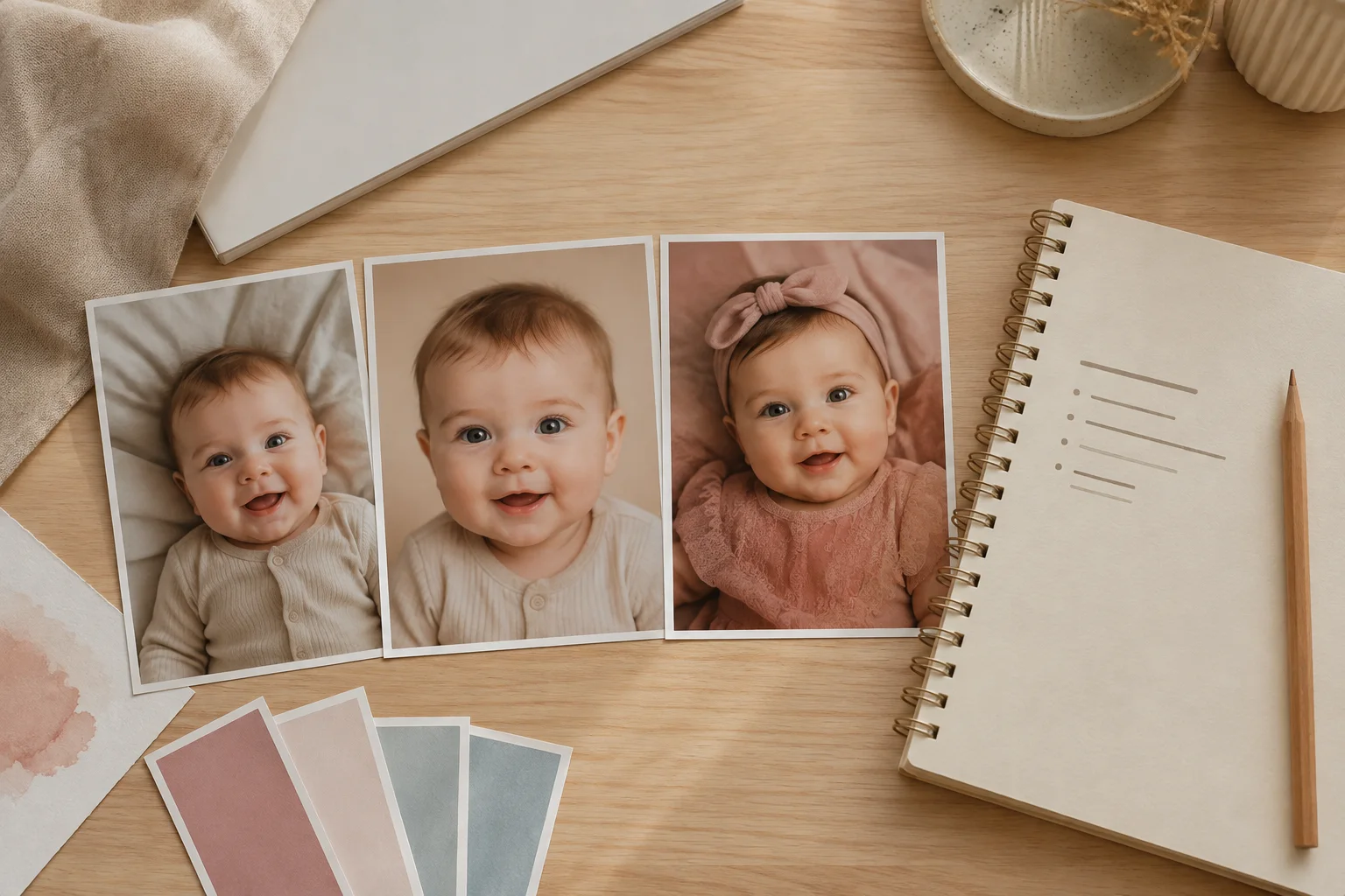 Three baby portrait prints, a blank prompt notebook and color swatches arranged on a tidy desk