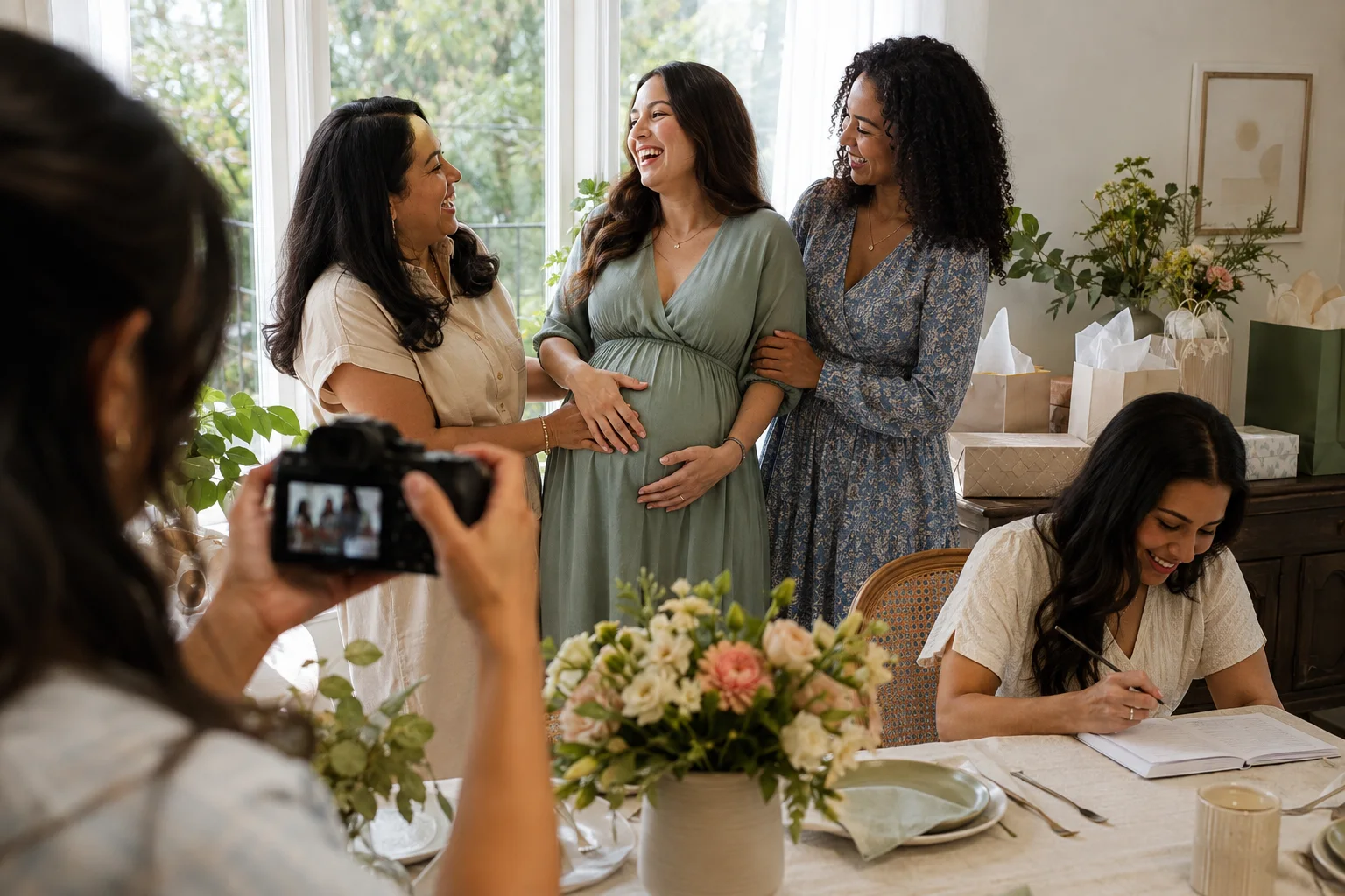 Friends photographing an expectant parent during a bright, intimate baby shower