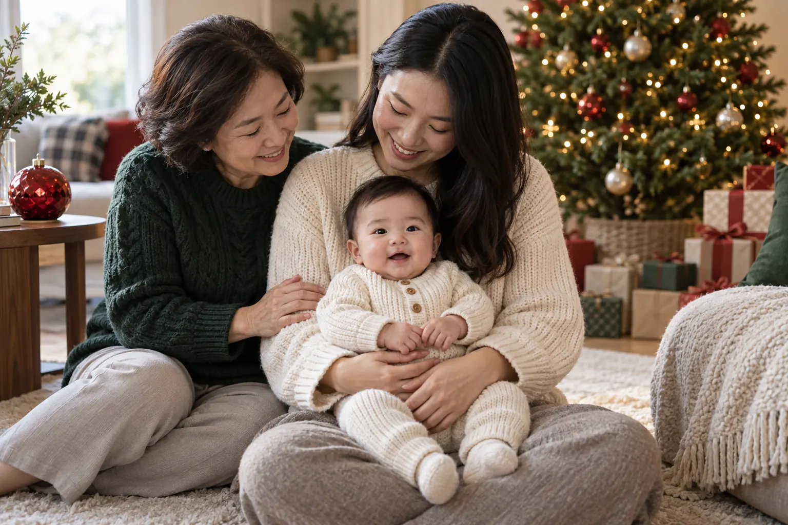 Mother and grandmother securely holding a smiling baby beside a softly lit Christmas tree