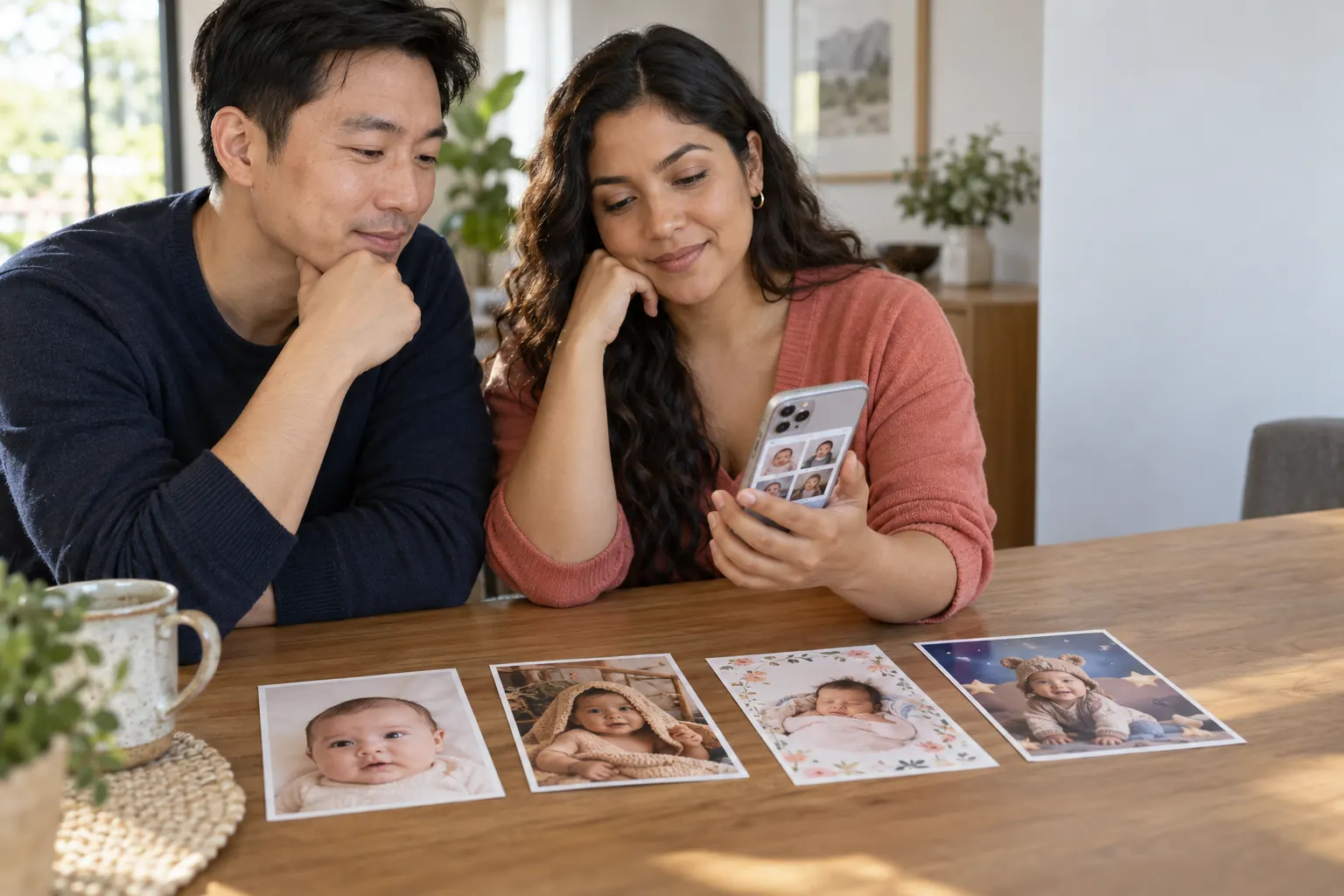 Two parents comparing baby photo editing options on an iPhone beside four printed baby portraits