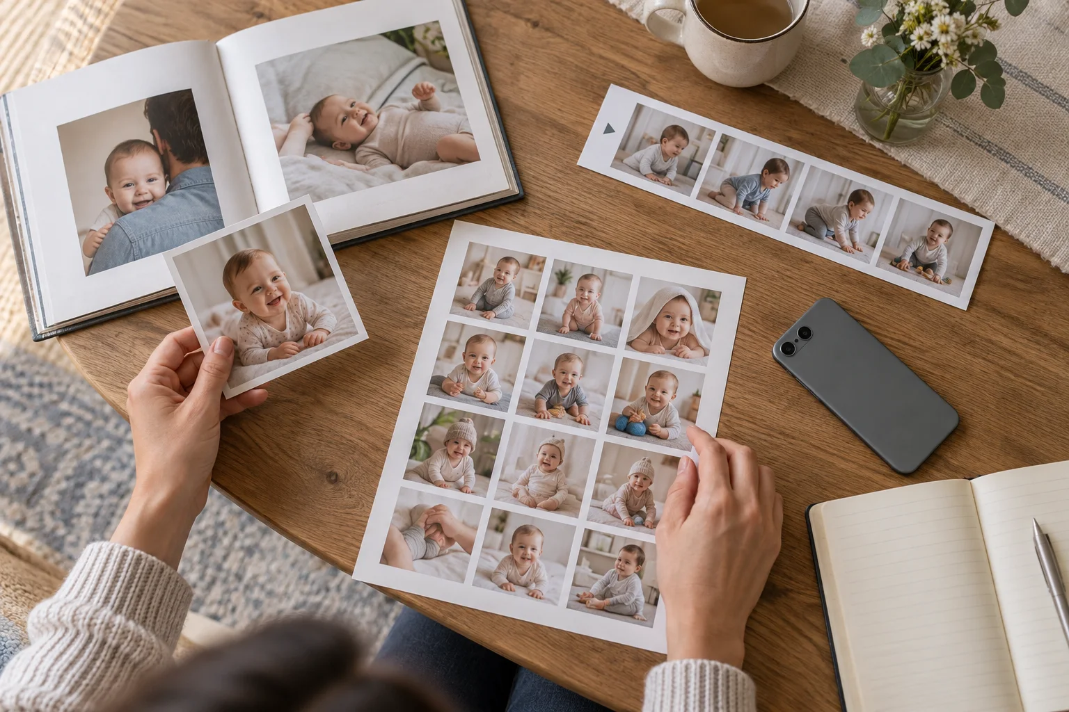 Parent comparing a milestone photo grid, album, video strip and journal