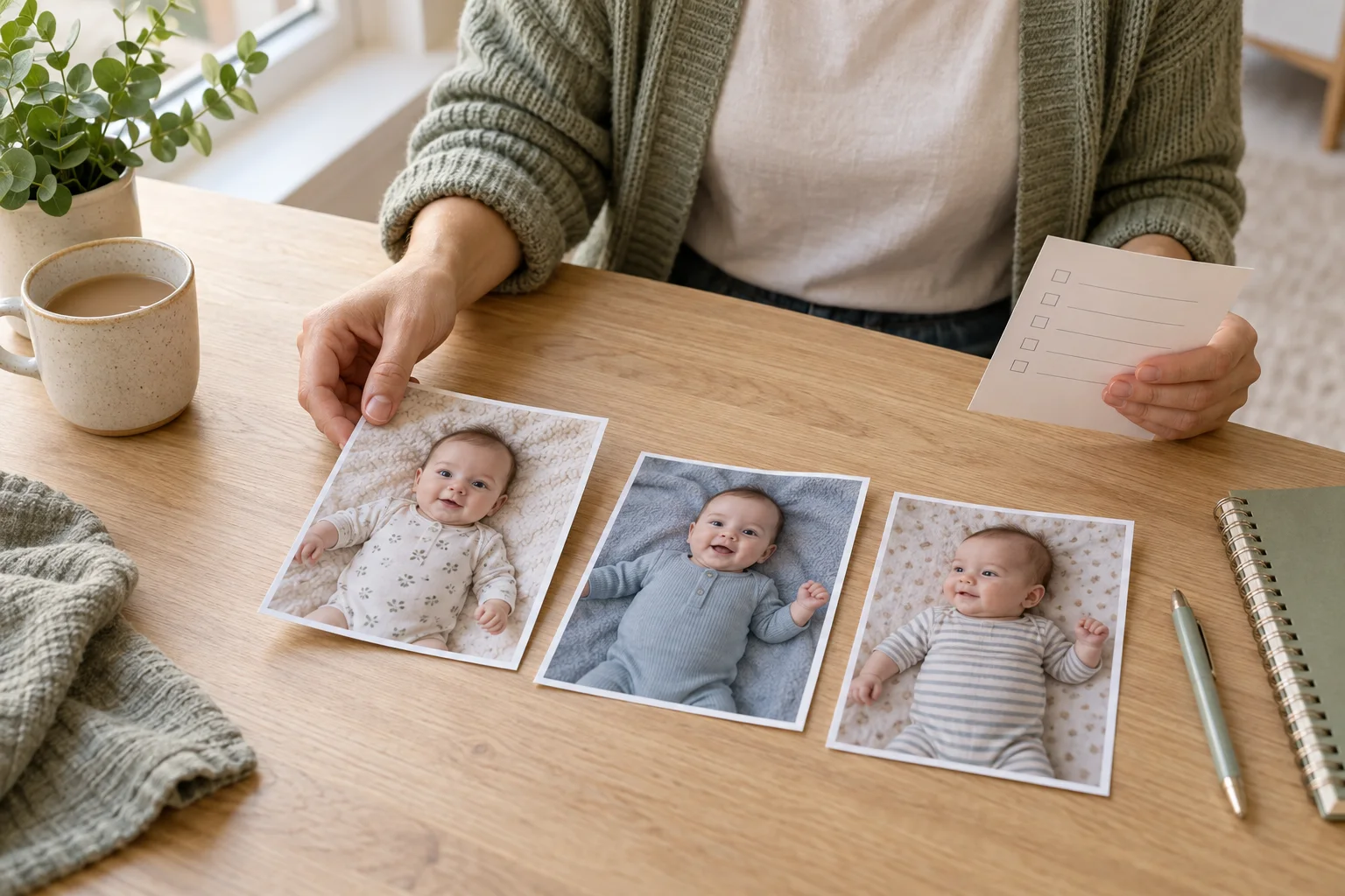 Parent comparing three clear baby photo prints with a source-photo checklist