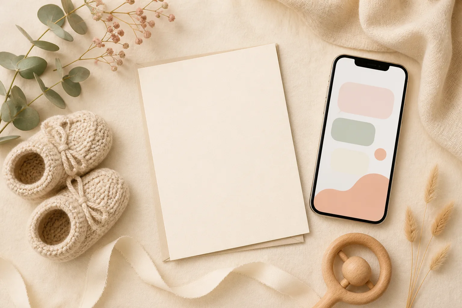 Blank birth announcement card beside a phone and simple baby keepsakes