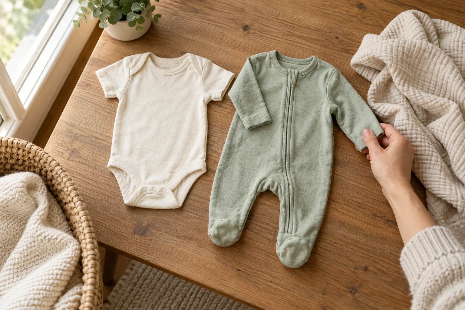 Cream bodysuit, sage sleeper and muslin wrap arranged for a birth announcement photo