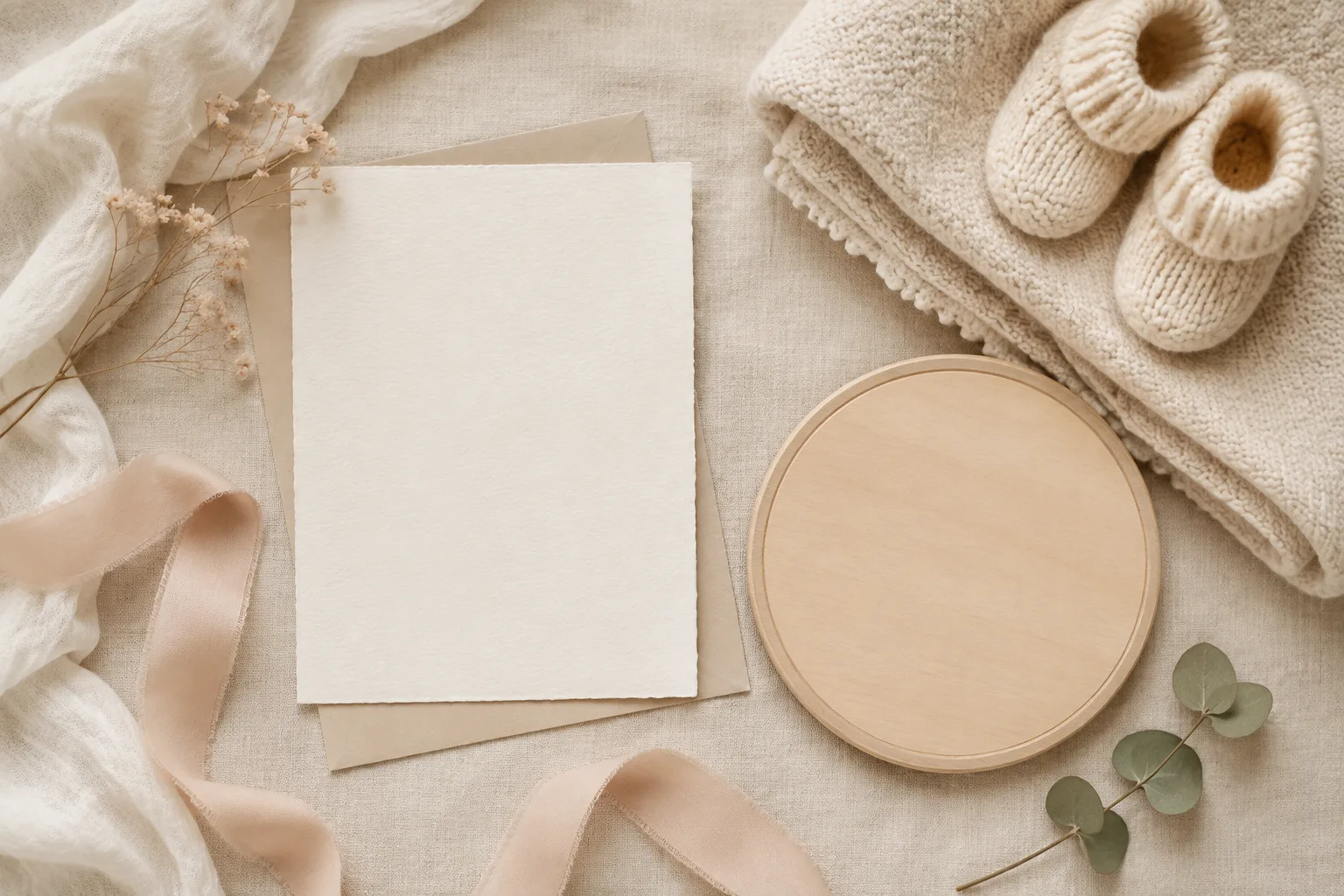 Blank birth announcement card and neutral plaque arranged with a soft blanket and baby keepsakes