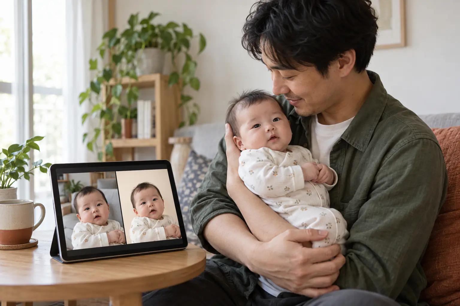 Father holding his baby securely beside a tablet showing the same portrait with home and cream studio backgrounds