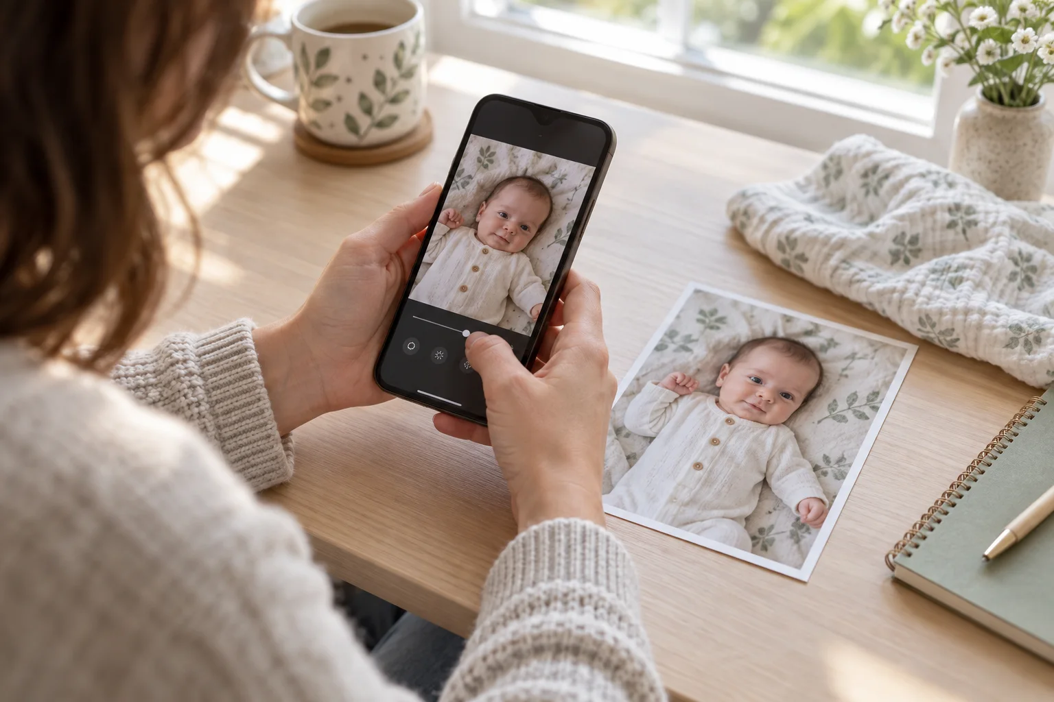 Parent making a restrained baby photo edit on an unbranded phone