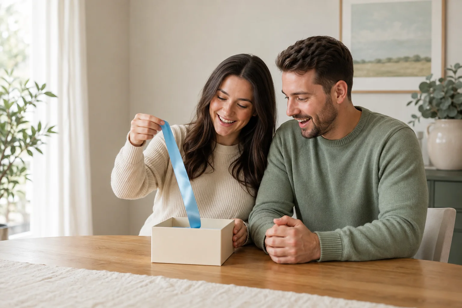 Expectant couple opening a keepsake box containing one reusable blue ribbon