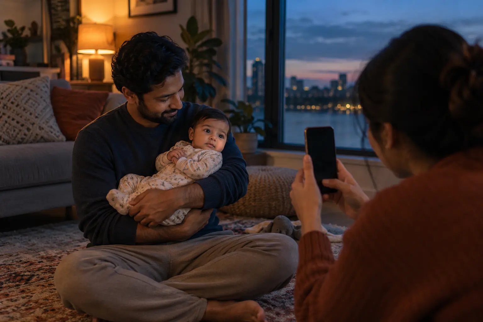 Parent photographing a securely held baby with an iPhone in a softly lit room at dusk