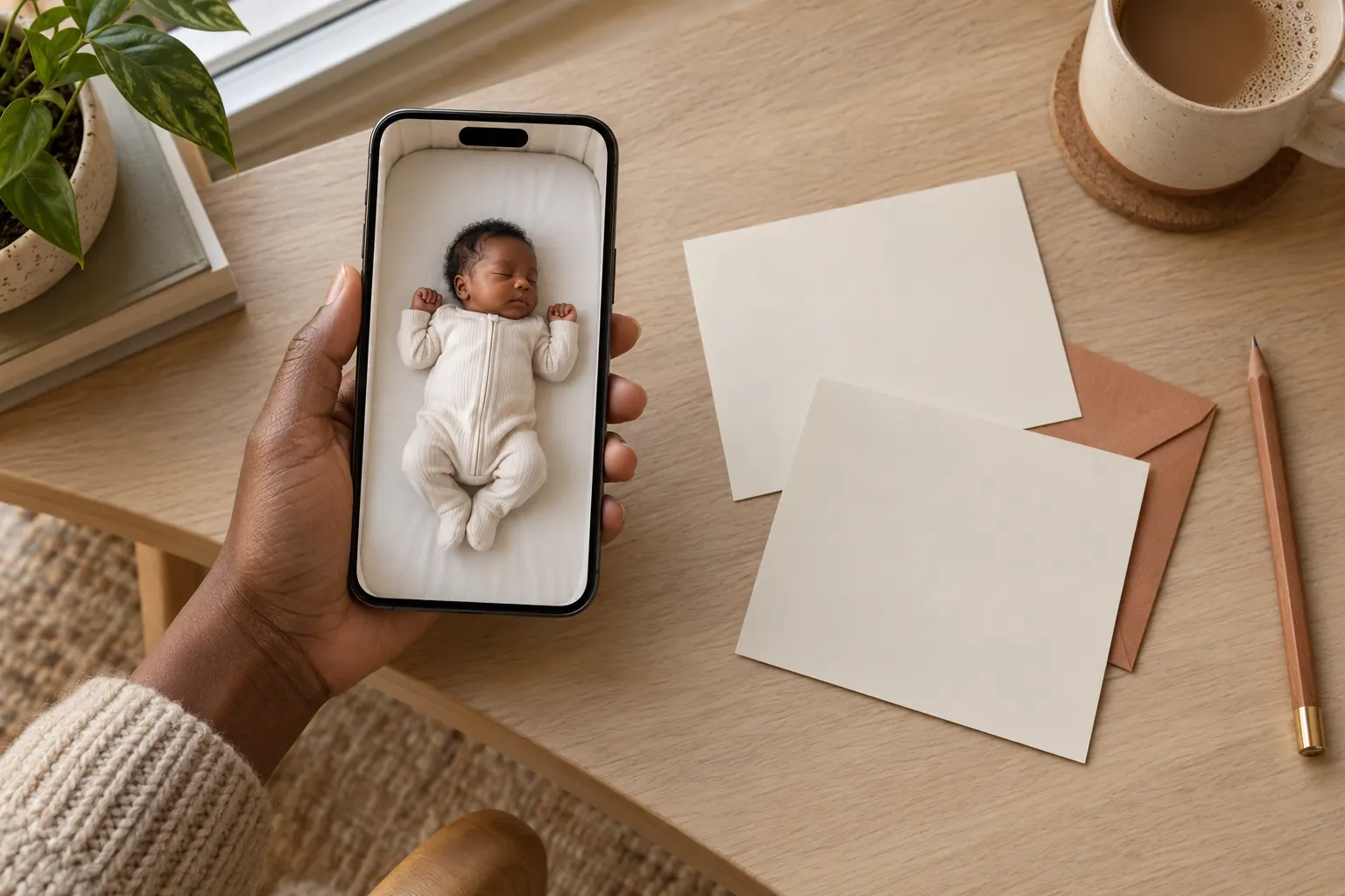 Parent holding an iPhone with a newborn portrait beside blank birth announcement cards on a wooden desk