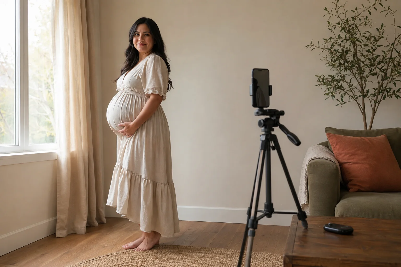 Pregnant parent posing by a window while a phone on a tripod takes an at-home maternity portrait