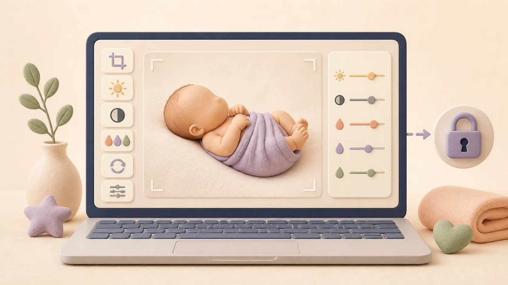 Illustrated newborn photo editor showing crop, brightness and color controls with a privacy lock