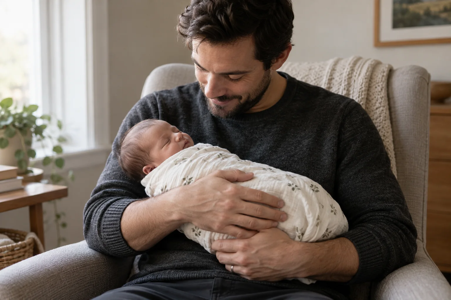 Seated father securely supporting a swaddled newborn across both arms beside a window