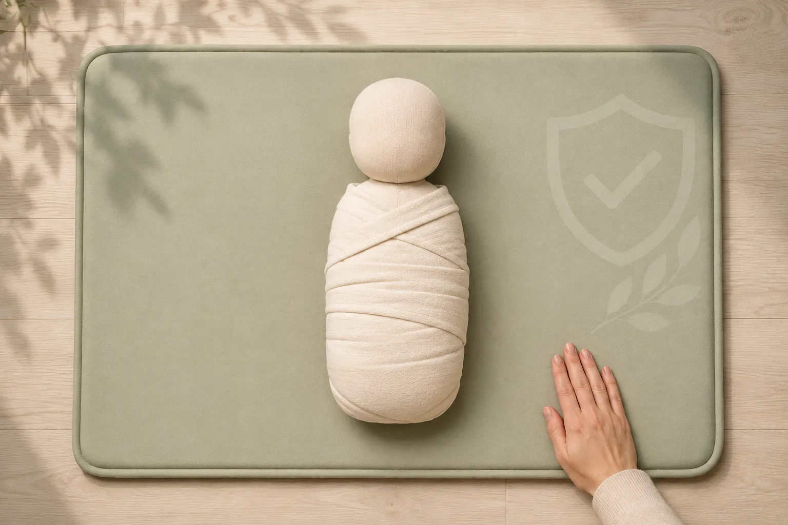 Featureless teaching doll shown on its back on a firm floor-level mat with an adult hand nearby