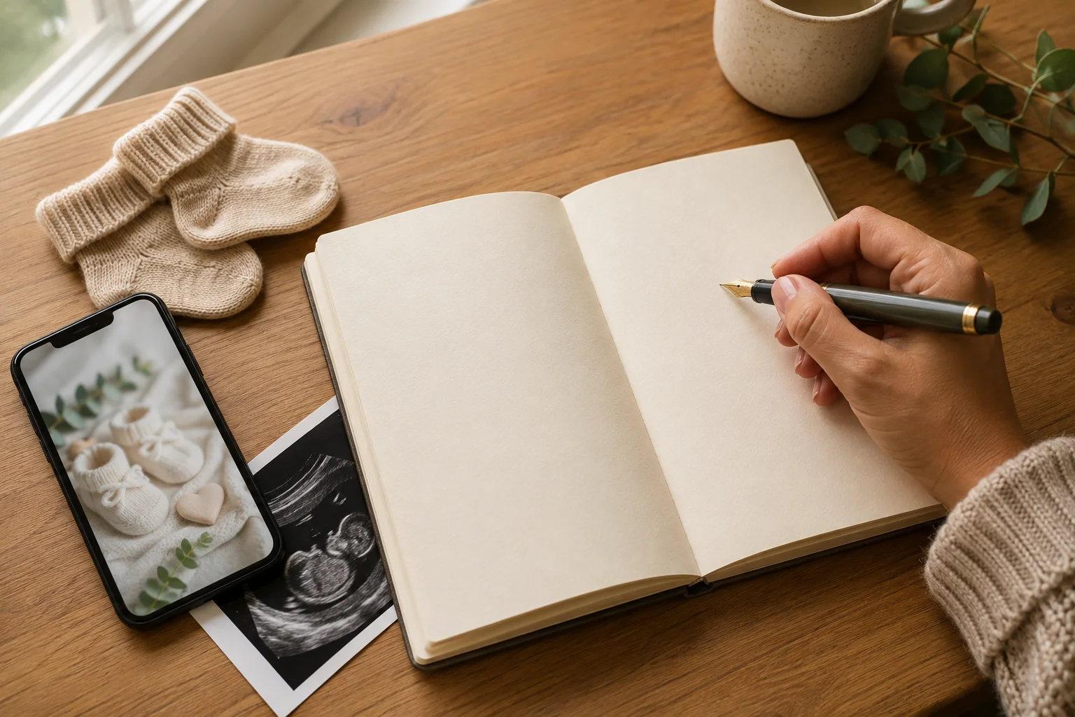 Blank notebook and pen beside a phone, tiny baby socks and an ultrasound print on a wooden desk