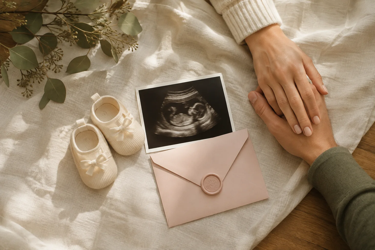 Pregnancy announcement flat lay with an ultrasound print, tiny shoes, blush envelope and adult hands