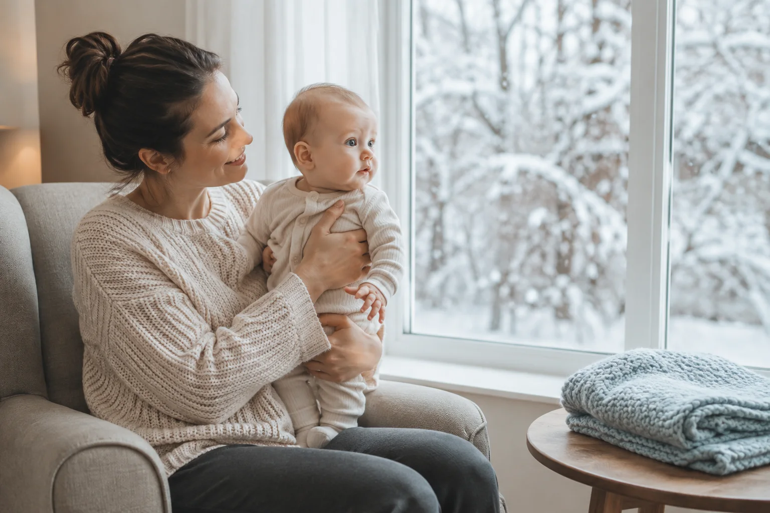 Parent securely holding a baby beside a bright window overlooking snow-covered trees
